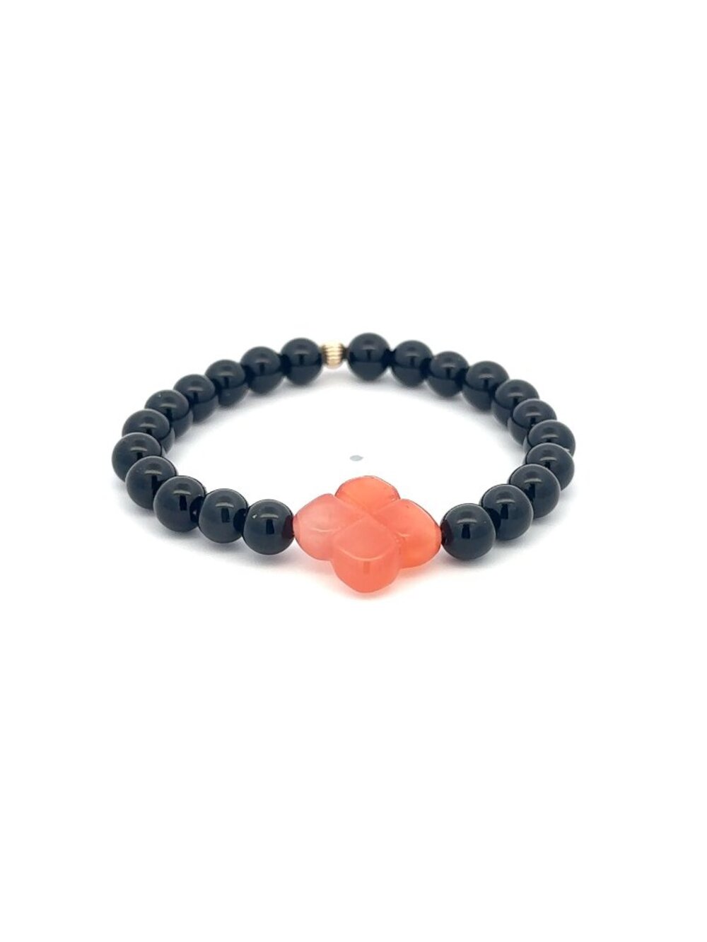 Natural Black Onyx Bracelet 6mm with Carved Carnelian Flower & 14k Gold Bead
